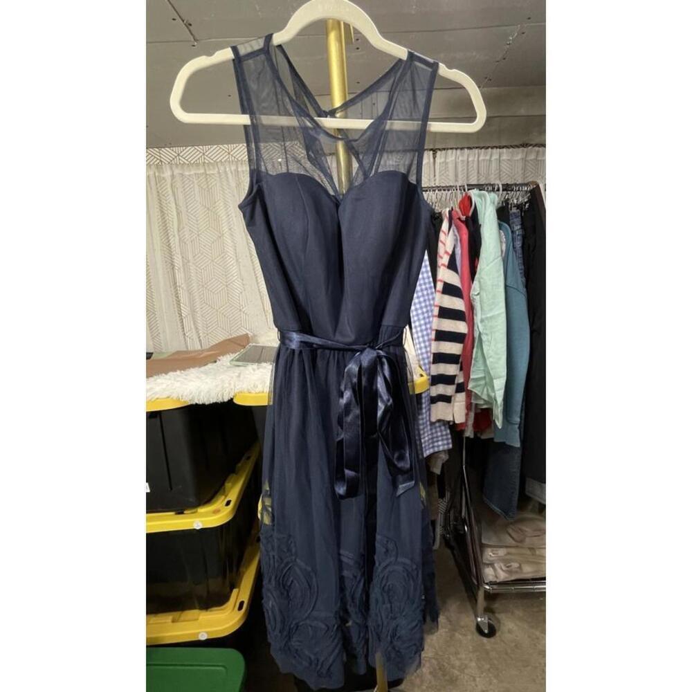 Eliza J Dress Medium Blue Tie Waist Cocktail Wedding A Line Sleeveless Floral
